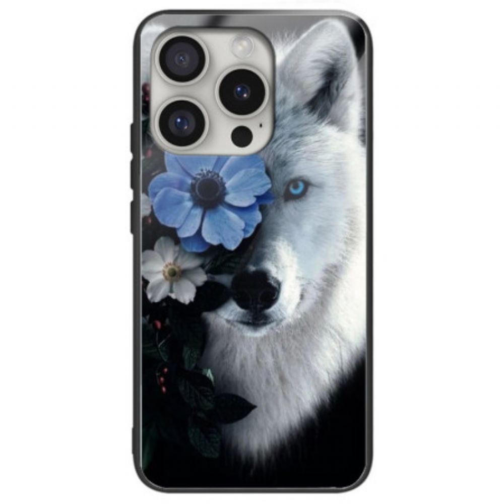 Hülle iPhone 16 Pro Handyhülle Wolf Und Blaue Blume Aus Gehärtetem Glas