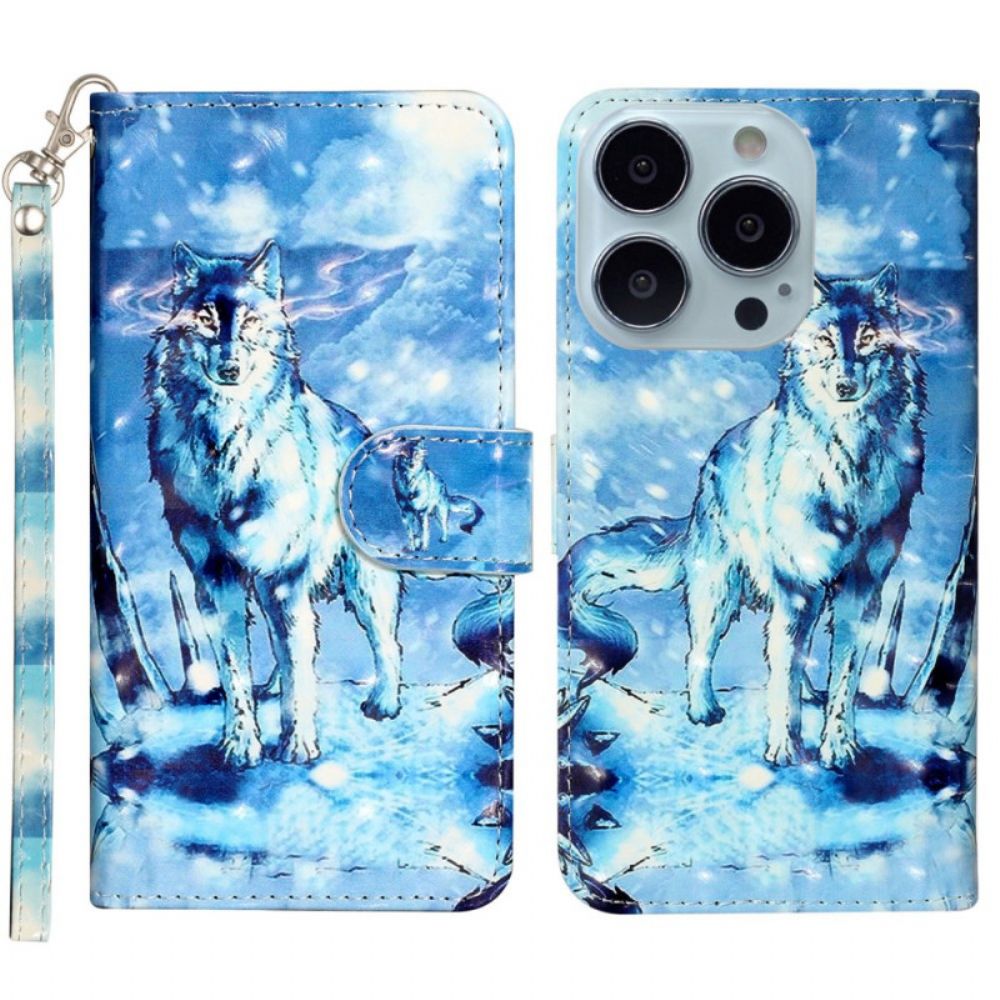 Lederhüllen Für iPhone 16 Pro Schneewolf Mit Riemen