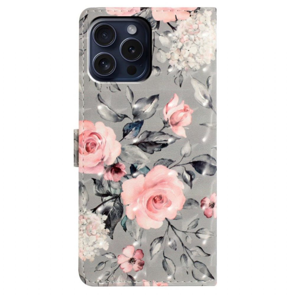 Lederhüllen iPhone 16 Pro Rosa Blumen Auf Grauem Hintergrund Mit Riemen