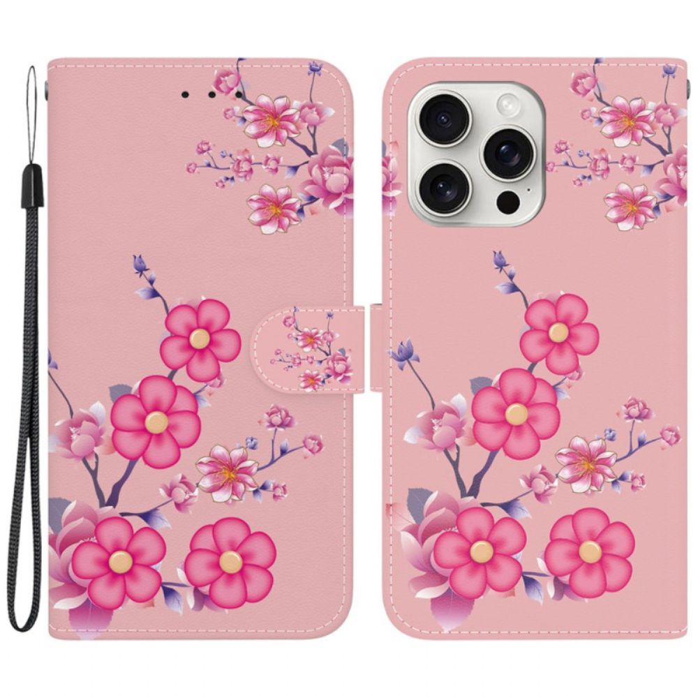 Lederhüllen iPhone 16 Pro Sakura-muster Mit Riemen