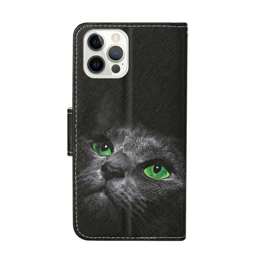 Flip Case Für iPhone 13 Pro Grüne Katzenaugen Mit Lanyard