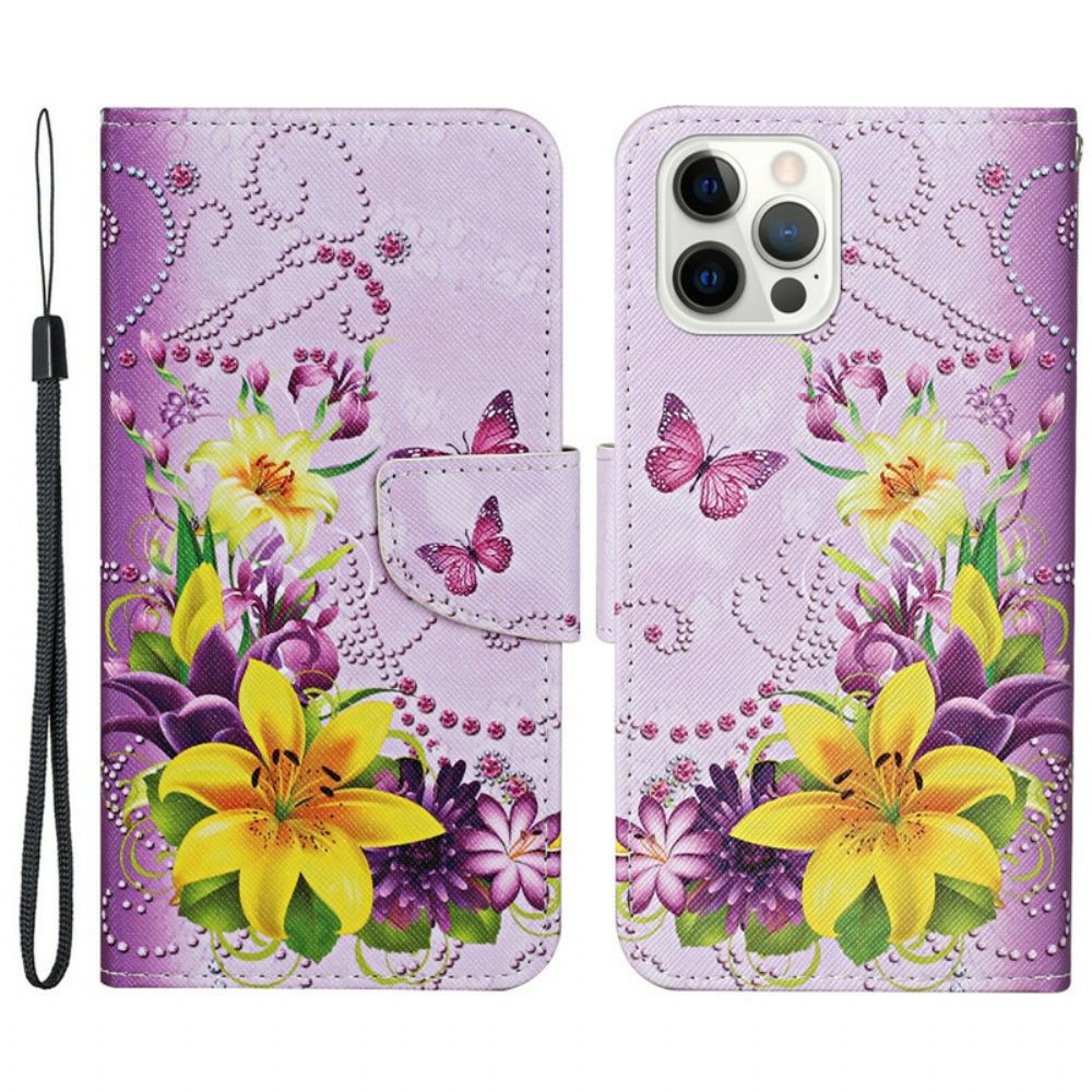 Flip Case Für iPhone 13 Pro Meisterhafte Blumen Mit Riemen