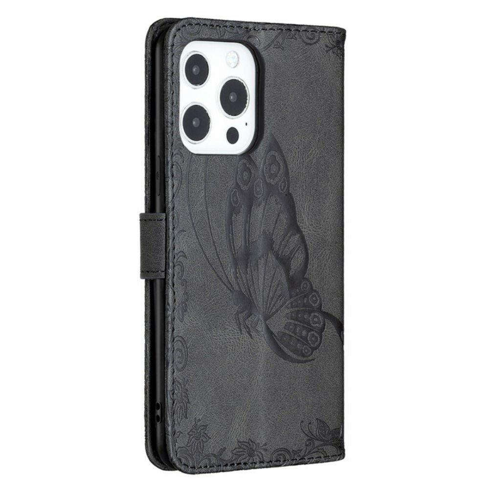 Flip Case Für iPhone 13 Pro Mit Kordel Barocker Riemchenschmetterling