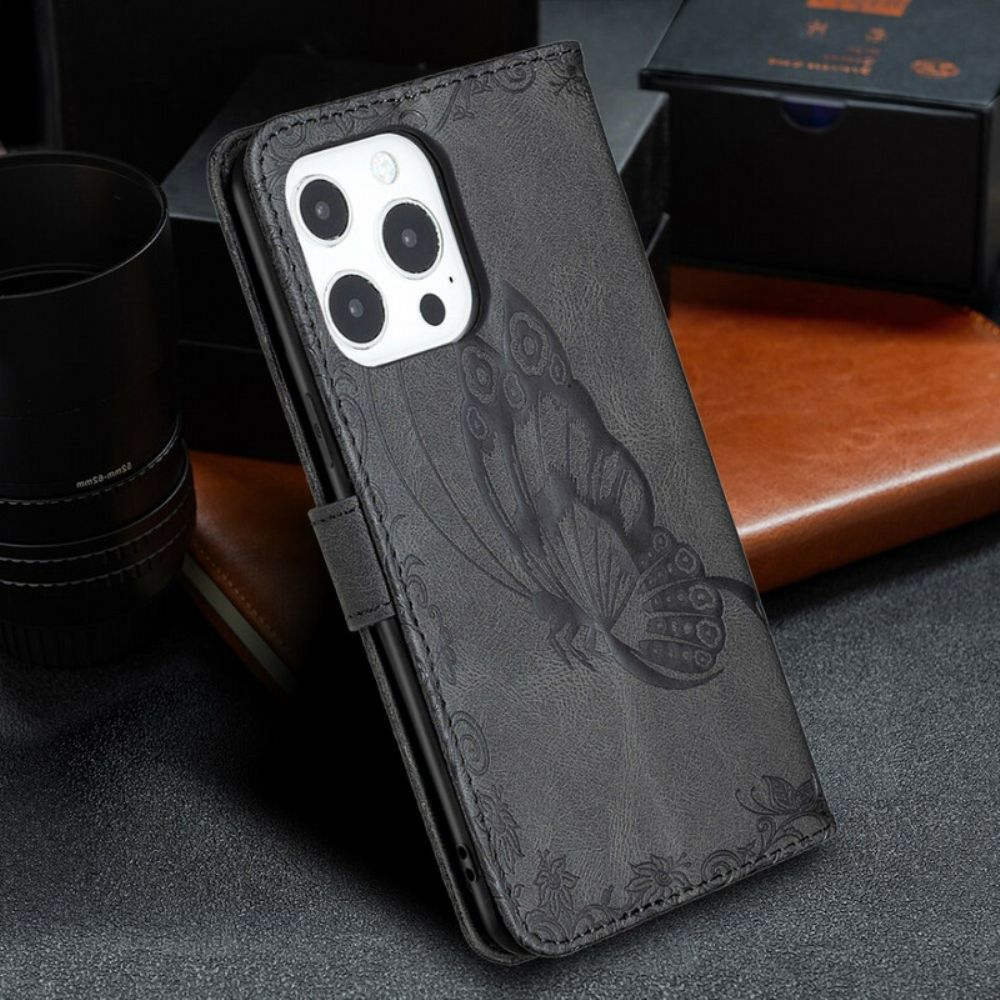 Flip Case Für iPhone 13 Pro Mit Kordel Barocker Riemchenschmetterling