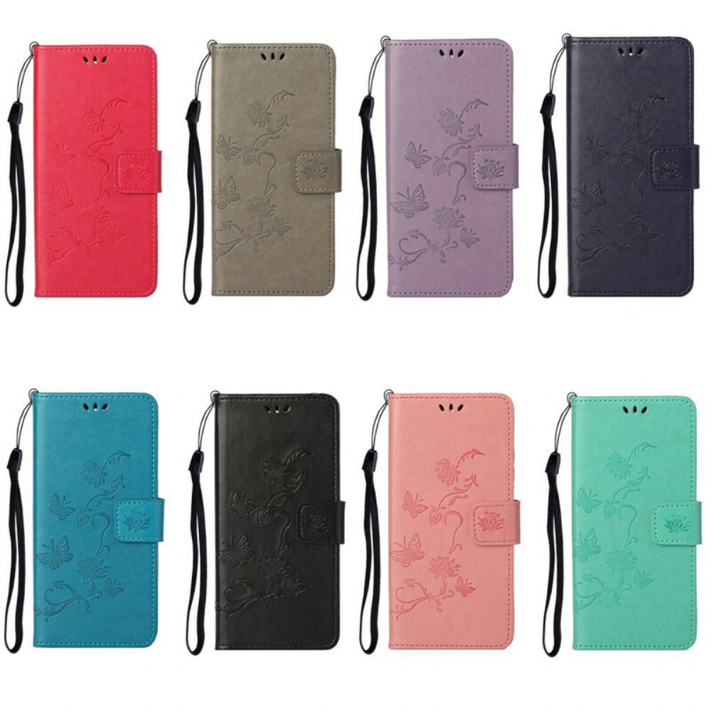 Flip Case Für iPhone 13 Pro Mit Kordel Tanga Schmetterlinge Und Blumen