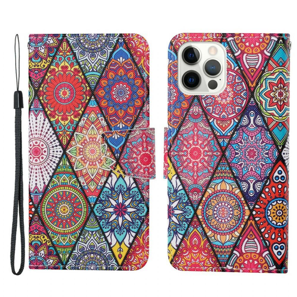 Flip Case Für iPhone 13 Pro Patchwork Mit Lanyard