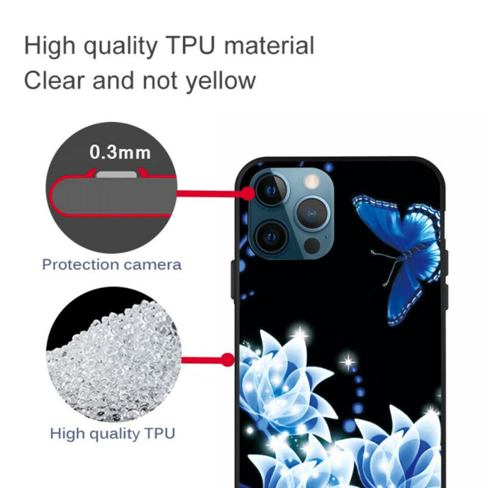 Handyhülle Für iPhone 13 Pro Schmetterling Und Blaue Blumen