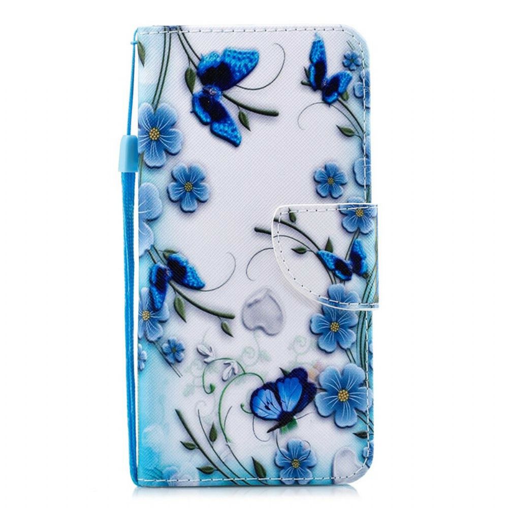 Flip Case Für iPhone 11 Mit Kordel Blaue Riemen Schmetterlinge Und Blumen