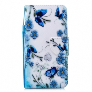 Flip Case Für iPhone 11 Mit Kordel Blaue Riemen Schmetterlinge Und Blumen