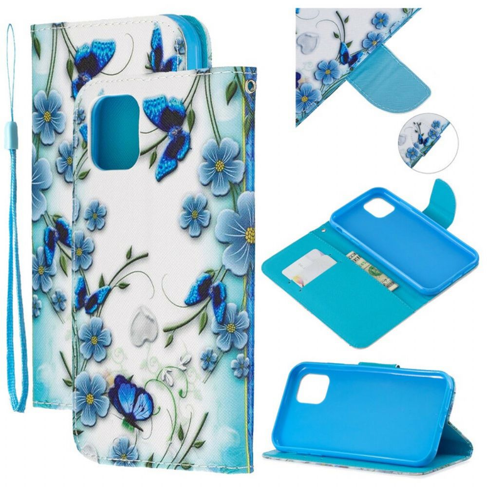 Flip Case Für iPhone 11 Mit Kordel Blaue Riemen Schmetterlinge Und Blumen