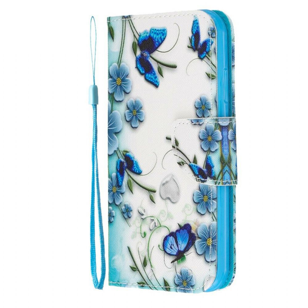 Flip Case Für iPhone 11 Mit Kordel Blaue Riemen Schmetterlinge Und Blumen