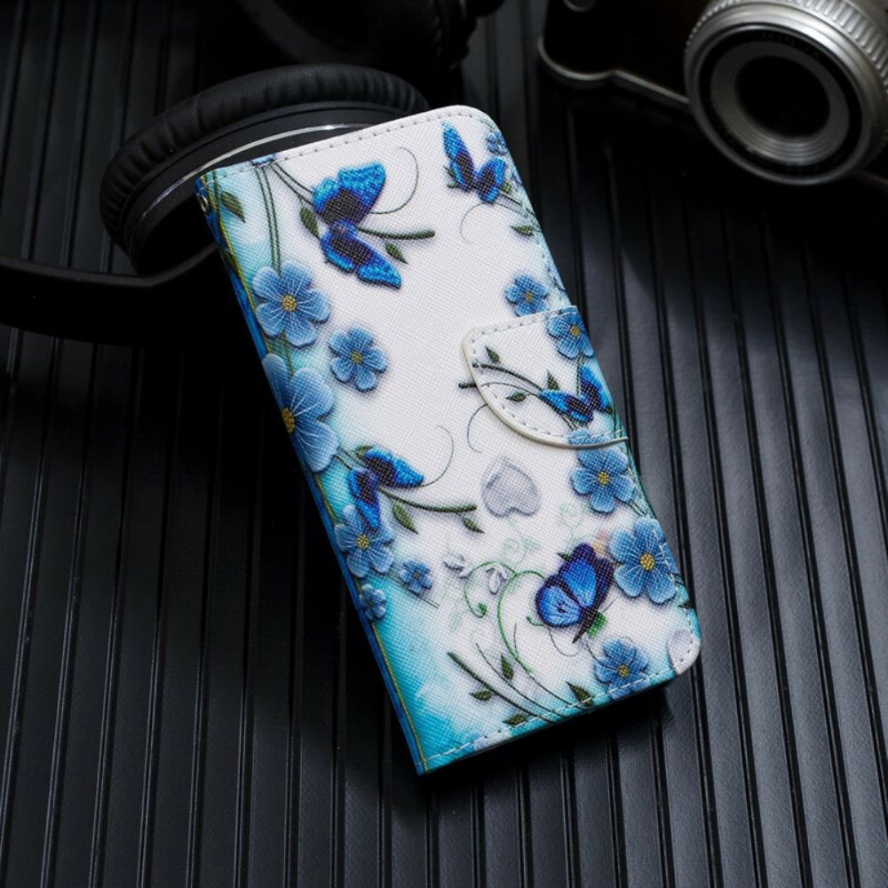 Flip Case Für iPhone 11 Mit Kordel Blaue Riemen Schmetterlinge Und Blumen