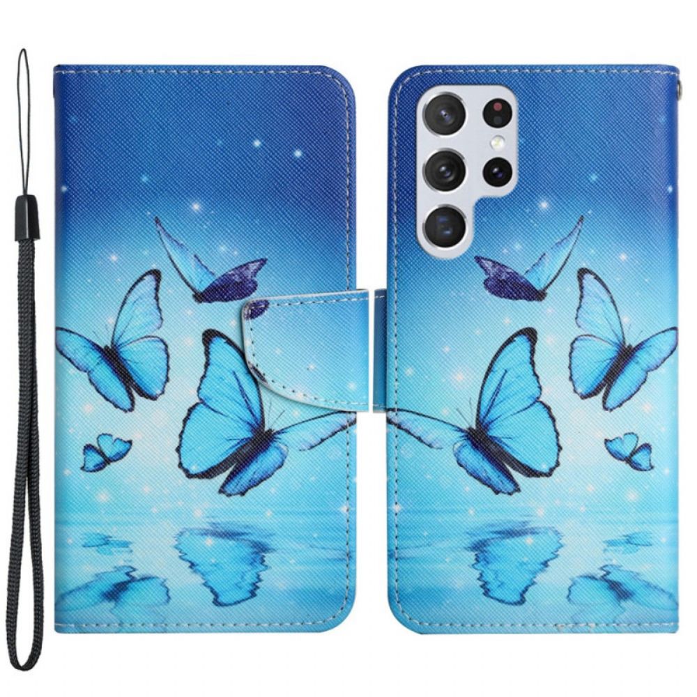 Flip Case Für Samsung Galaxy S22 Ultra 5G Blaue Schmetterlinge