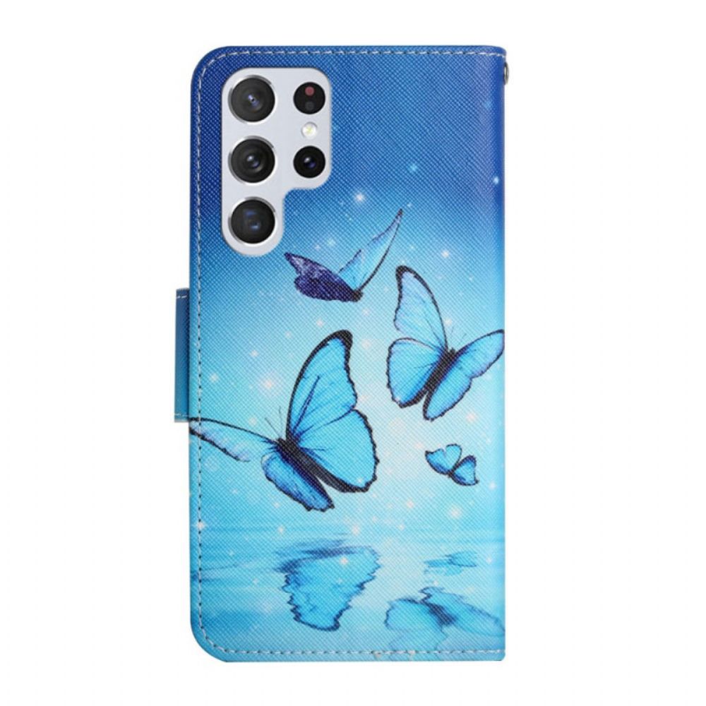 Flip Case Für Samsung Galaxy S22 Ultra 5G Blaue Schmetterlinge