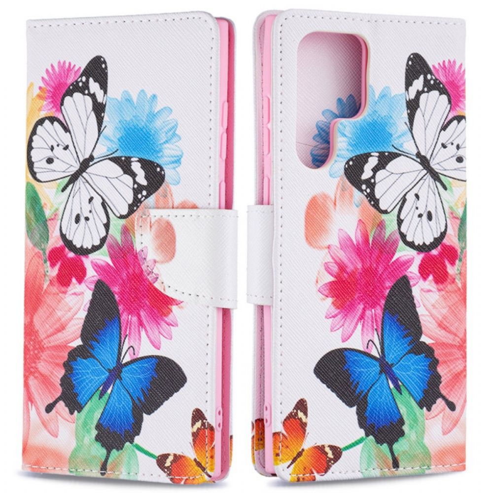 Flip Case Für Samsung Galaxy S22 Ultra 5G Gemalte Schmetterlinge Und Blumen