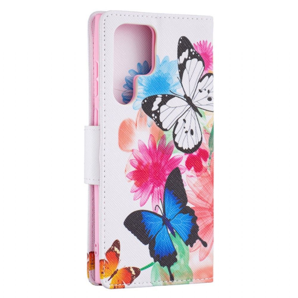 Flip Case Für Samsung Galaxy S22 Ultra 5G Gemalte Schmetterlinge Und Blumen