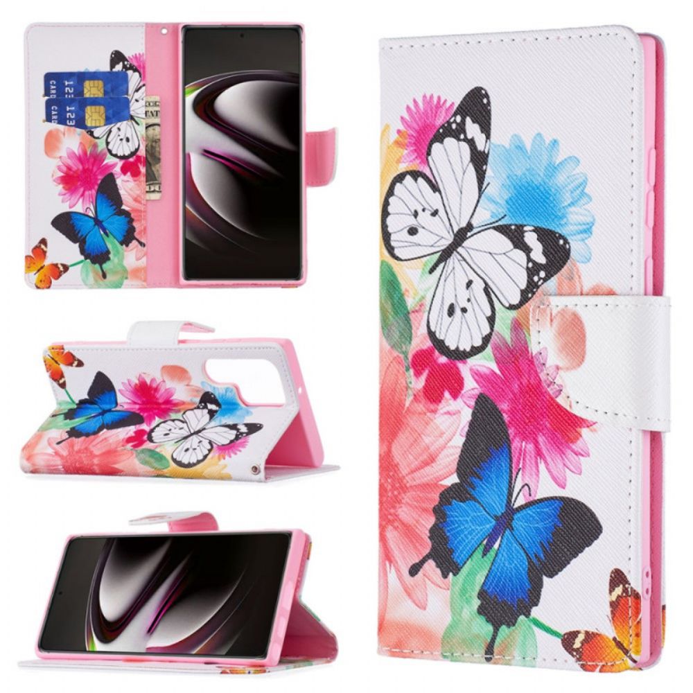 Flip Case Für Samsung Galaxy S22 Ultra 5G Gemalte Schmetterlinge Und Blumen