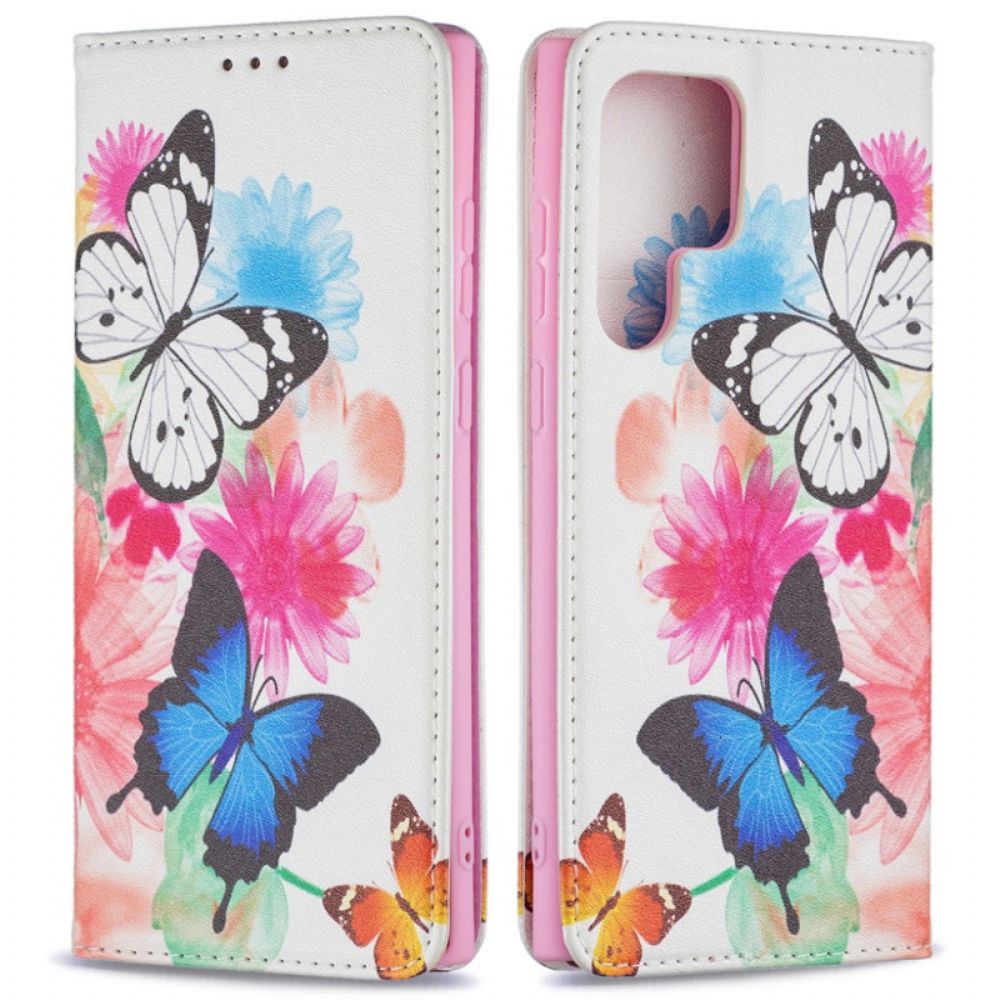 Flip Case Für Samsung Galaxy S22 Ultra 5G Gemalte Schmetterlinge Und Blumen