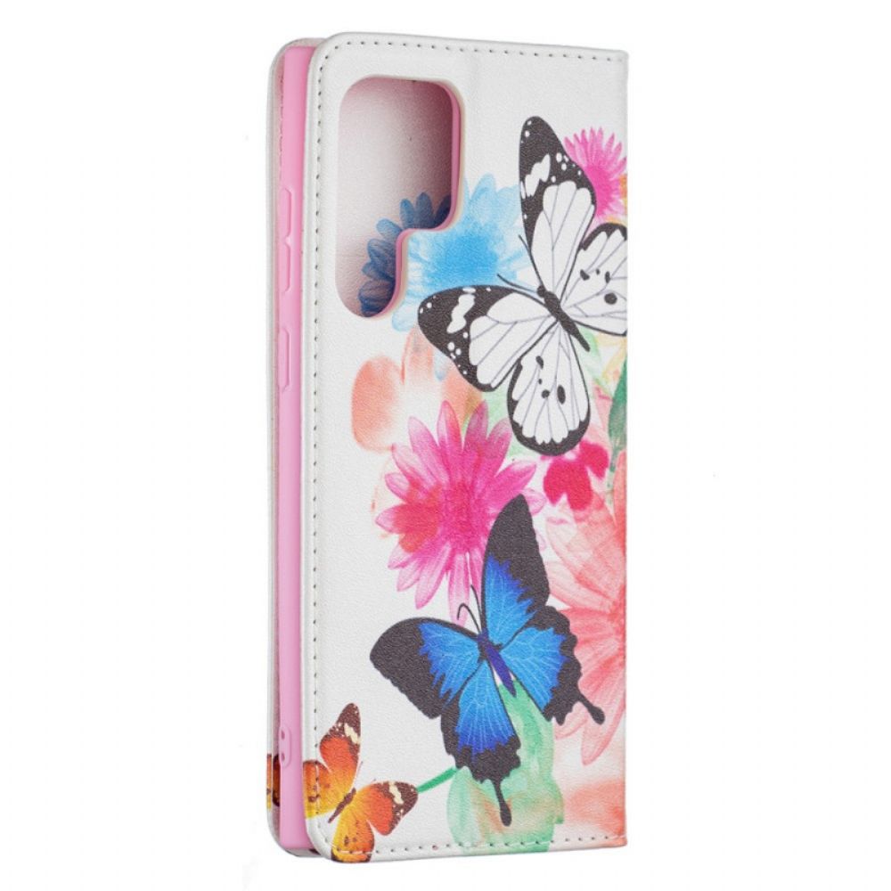 Flip Case Für Samsung Galaxy S22 Ultra 5G Gemalte Schmetterlinge Und Blumen