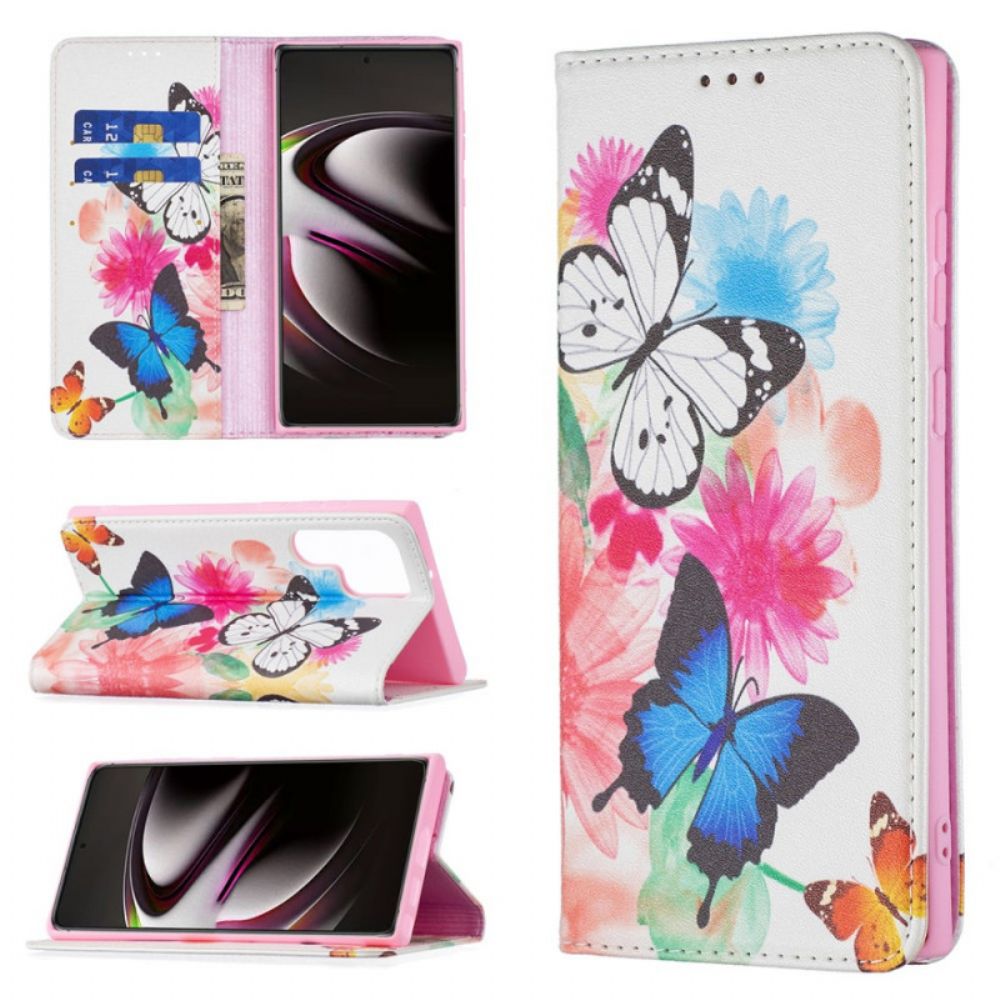 Flip Case Für Samsung Galaxy S22 Ultra 5G Gemalte Schmetterlinge Und Blumen