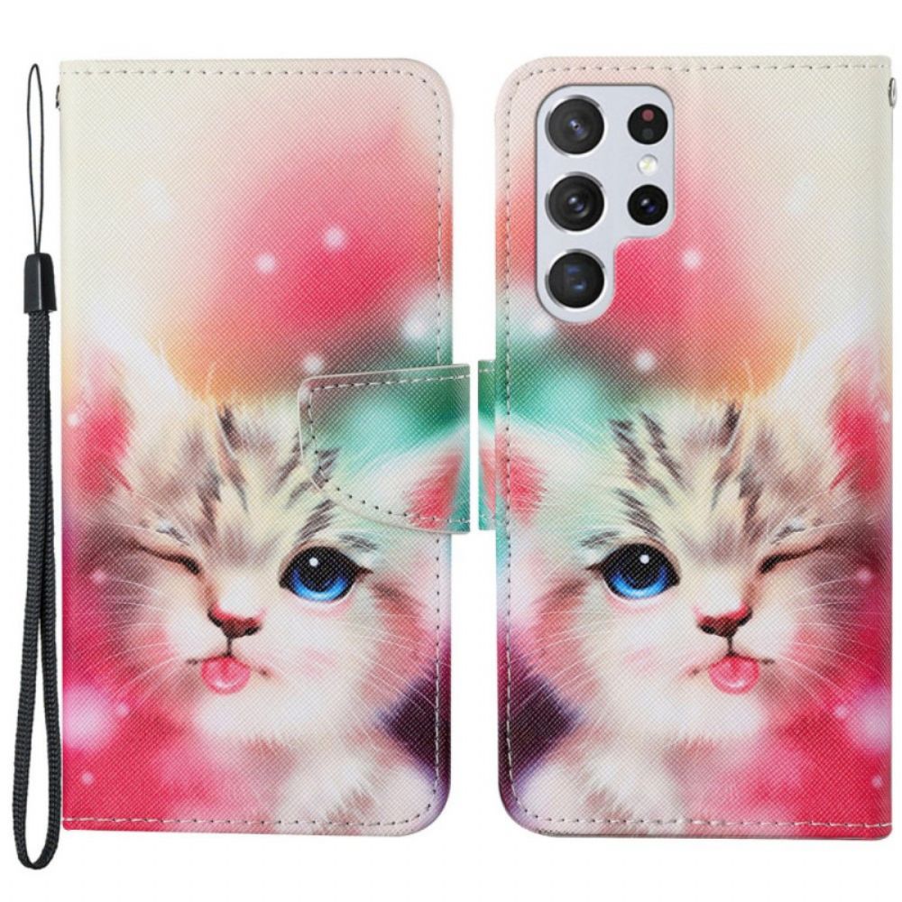 Flip Case Für Samsung Galaxy S22 Ultra 5G Königliche Katze Mit Lanyard