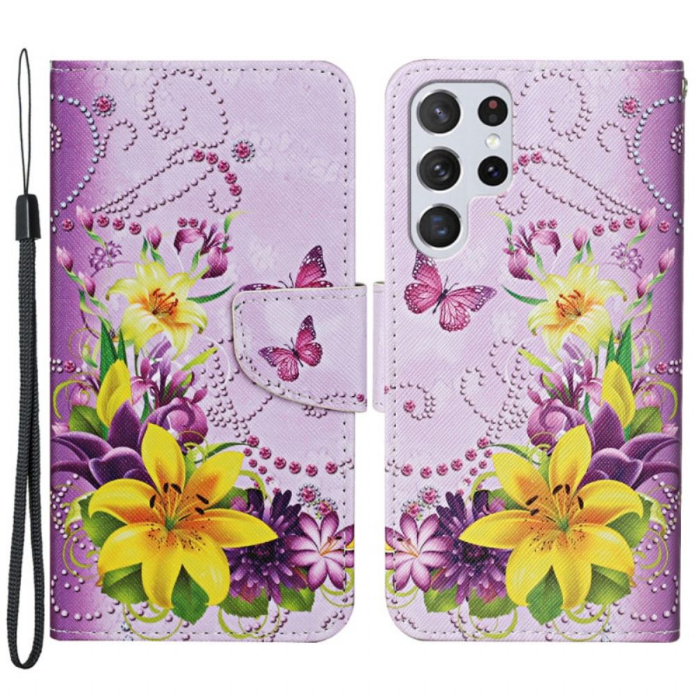 Flip Case Für Samsung Galaxy S22 Ultra 5G Meisterhafte Blumen Mit Riemen