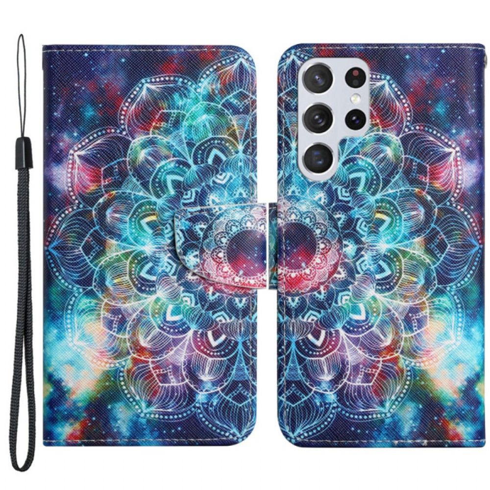 Flip Case Für Samsung Galaxy S22 Ultra 5G Mit Kordel Auffälliges Halbmandala Mit Riemen