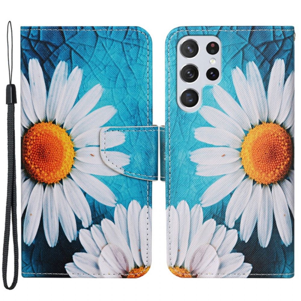 Flip Case Für Samsung Galaxy S22 Ultra 5G Mit Kordel Tanga-gänseblümchen