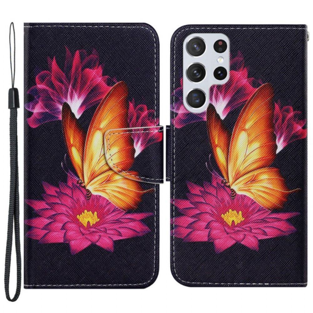 Flip Case Für Samsung Galaxy S22 Ultra 5G Schmetterling Und Lotus