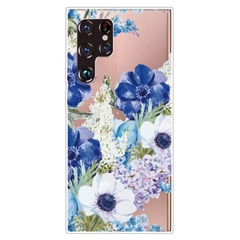 Handyhülle Für Samsung Galaxy S22 Ultra 5G Aquarell Blaue Blumen