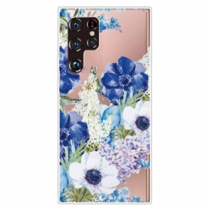 Handyhülle Für Samsung Galaxy S22 Ultra 5G Aquarell Blaue Blumen