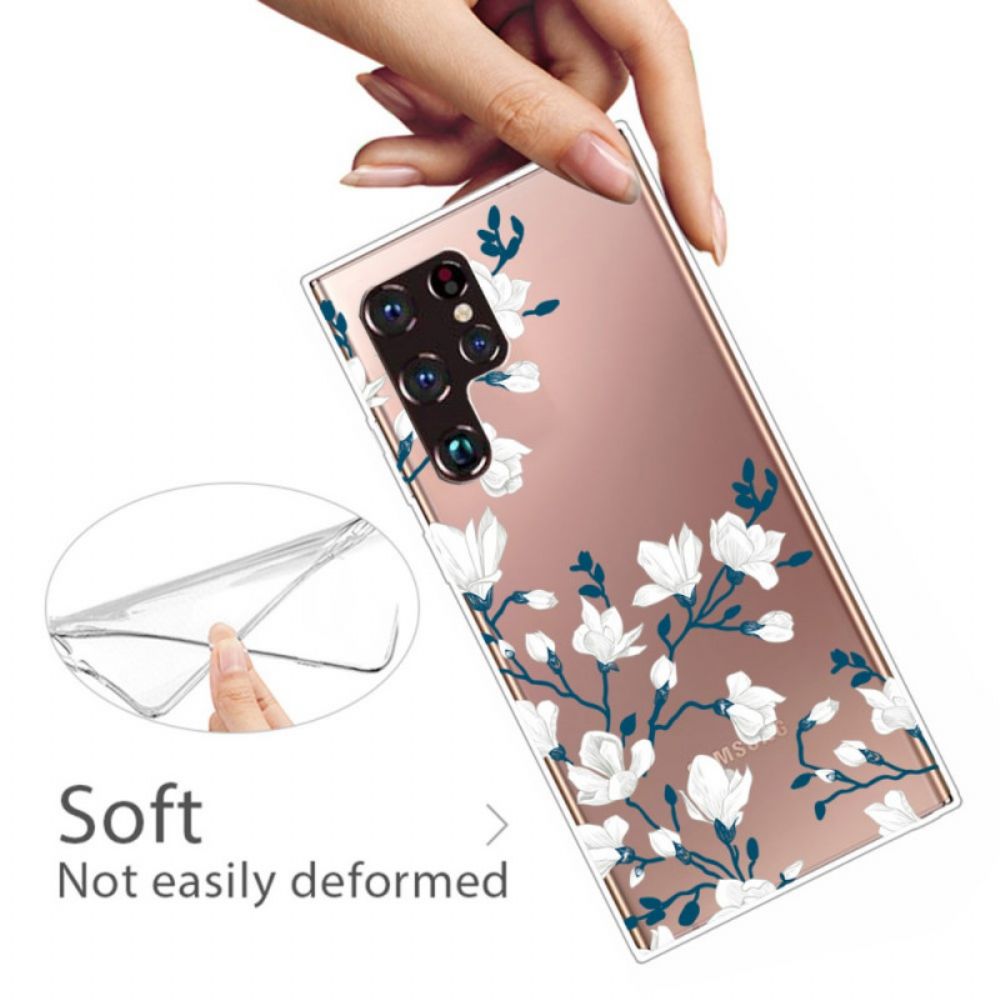 Handyhülle Für Samsung Galaxy S22 Ultra 5G Transparente Weiße Blumen