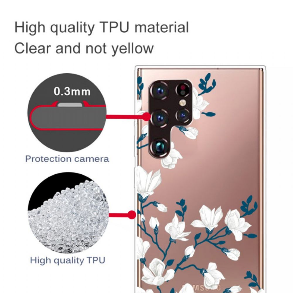 Handyhülle Für Samsung Galaxy S22 Ultra 5G Transparente Weiße Blumen