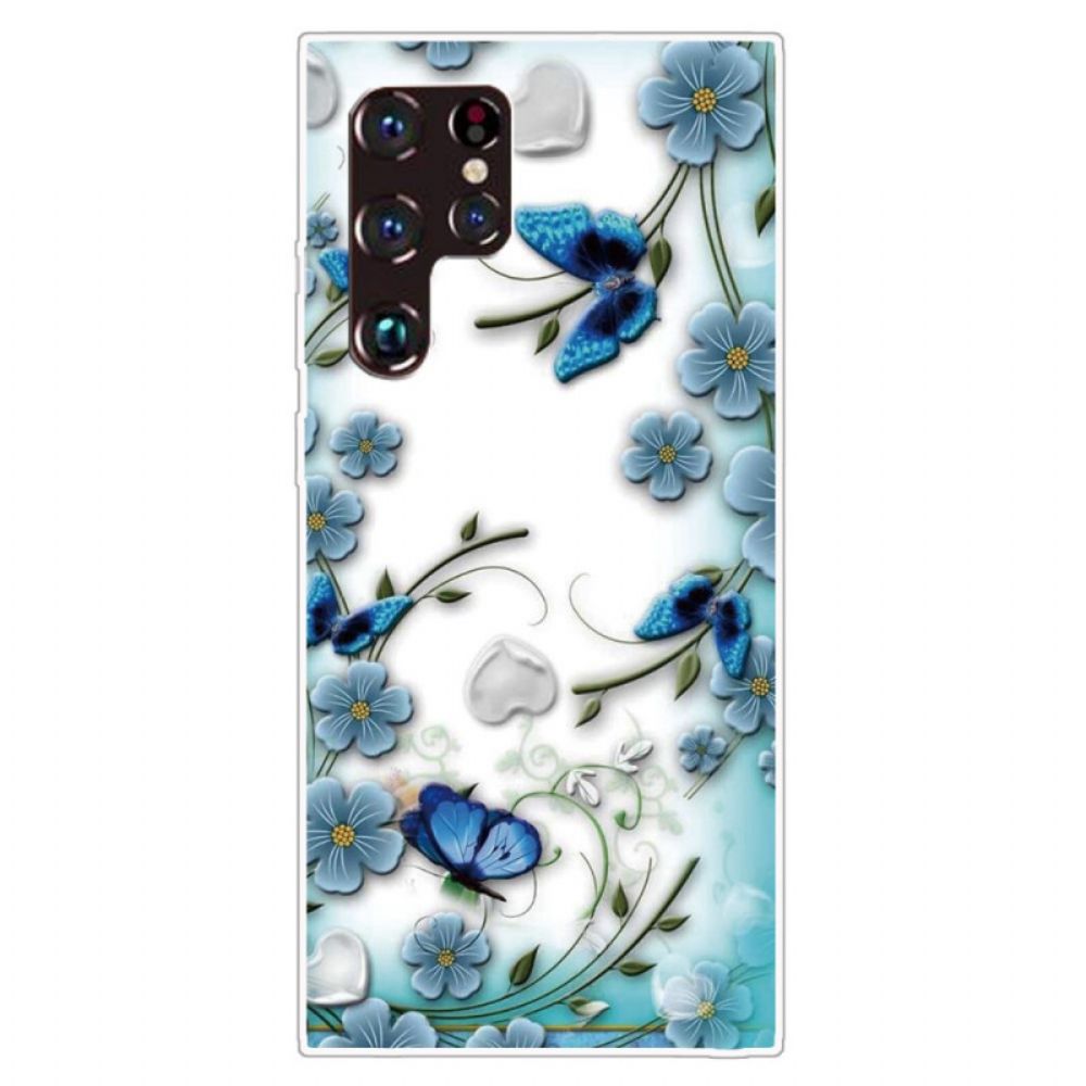 Hülle Für Samsung Galaxy S22 Ultra 5G Retro Schmetterlinge Und Blumen