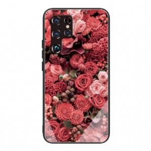 Hülle Für Samsung Galaxy S22 Ultra 5G Rosa Blumen Aus Gehärtetem Glas