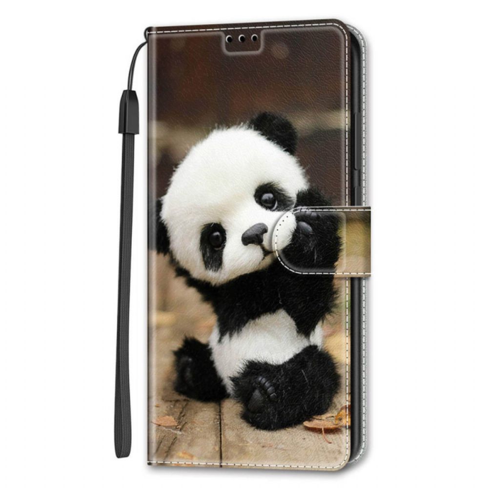 Lederhüllen Für Samsung Galaxy S22 Ultra 5G Mit Kordel Kleiner Panda Mit Riemen Spielen