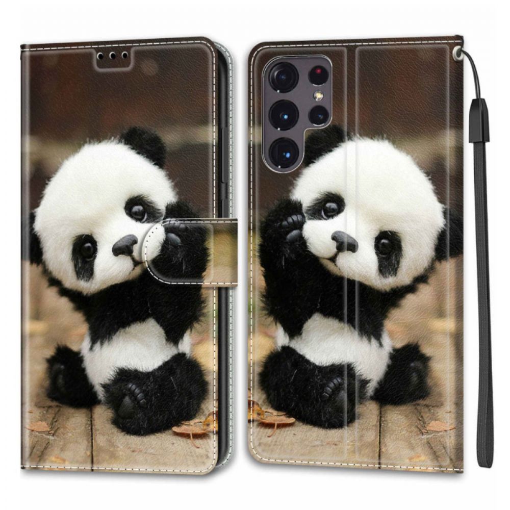 Lederhüllen Für Samsung Galaxy S22 Ultra 5G Mit Kordel Kleiner Panda Mit Riemen Spielen