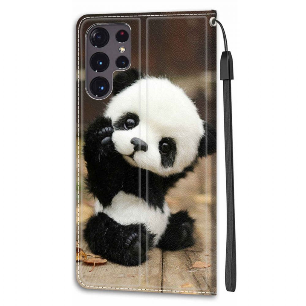 Lederhüllen Für Samsung Galaxy S22 Ultra 5G Mit Kordel Kleiner Panda Mit Riemen Spielen