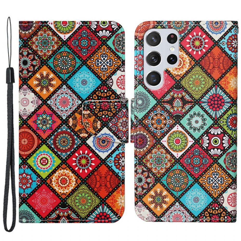 Lederhüllen Für Samsung Galaxy S22 Ultra 5G Patchwork-mandalas Mit Lanyard