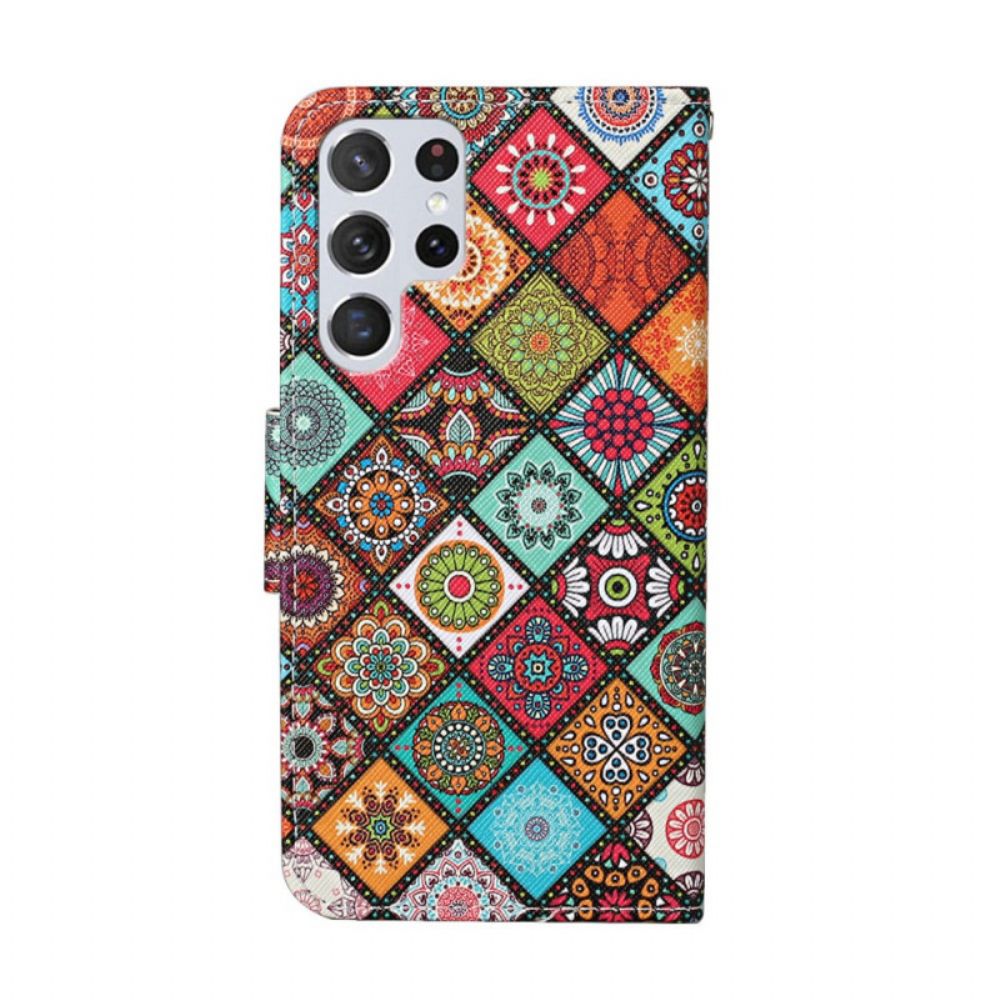 Lederhüllen Für Samsung Galaxy S22 Ultra 5G Patchwork-mandalas Mit Lanyard