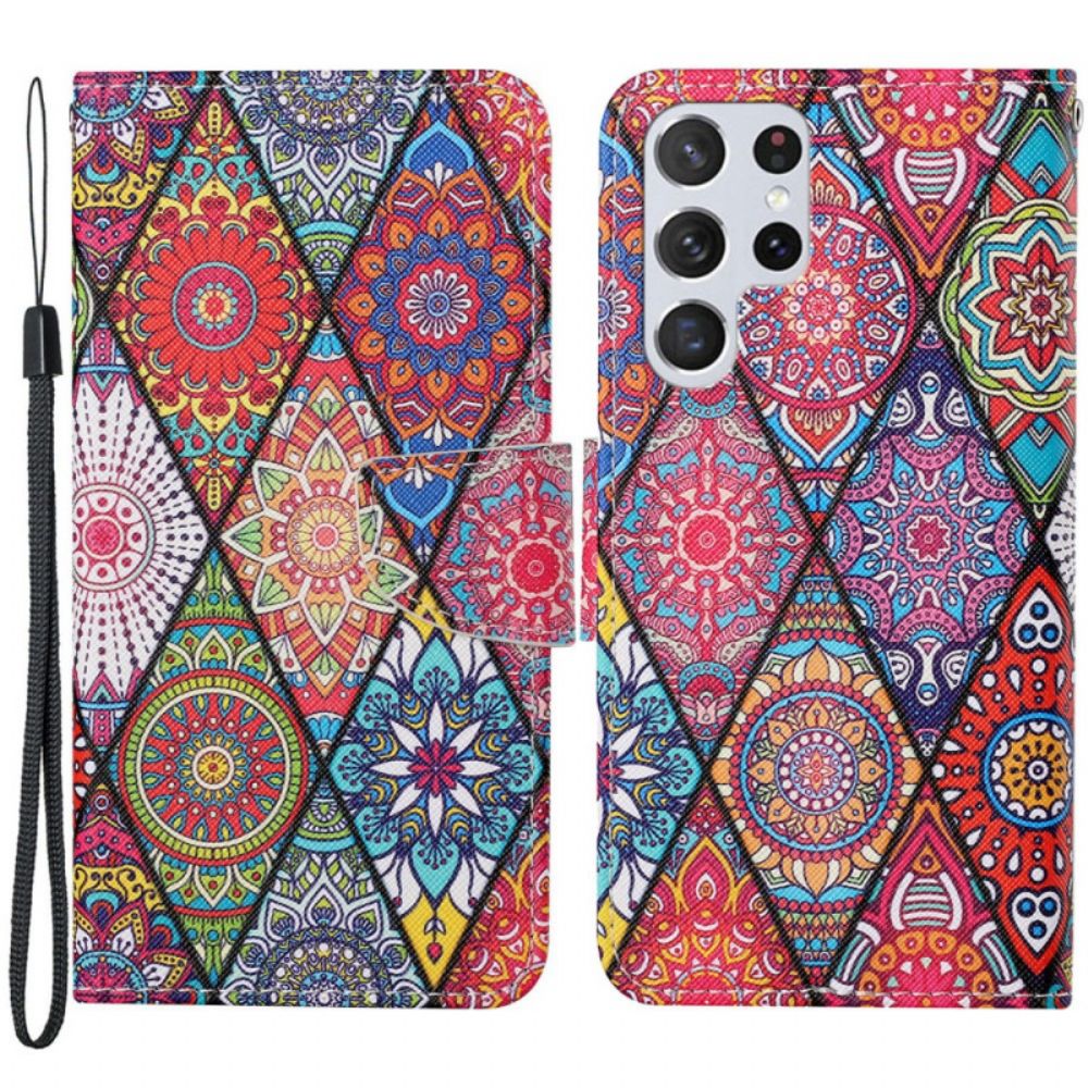 Lederhüllen Für Samsung Galaxy S22 Ultra 5G Patchwork Mit Lanyard