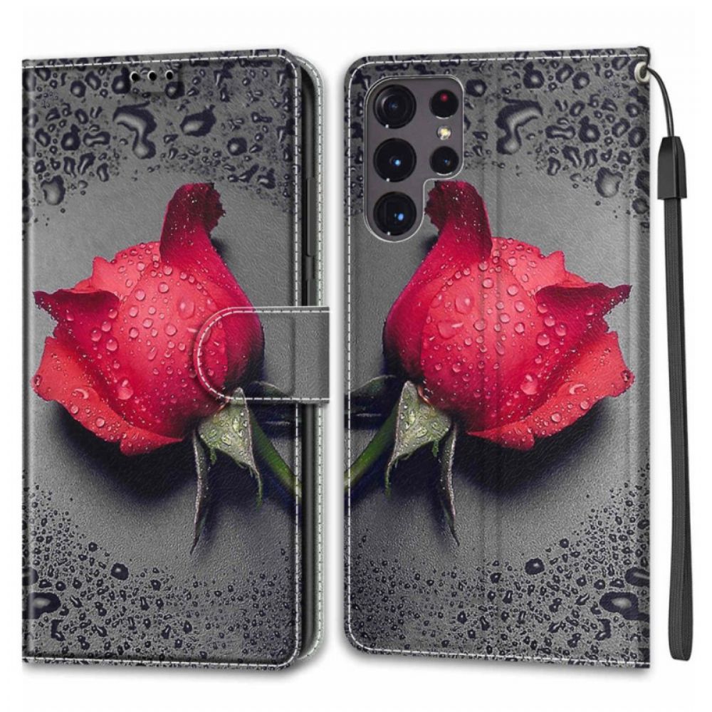 Lederhüllen Für Samsung Galaxy S22 Ultra 5G Rosen Mit Riemen