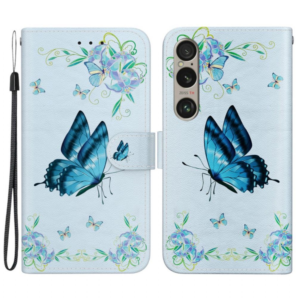 Lederhüllen Für Sony Xperia 1 Vi Blauer Schmetterling Und Blumen Mit Riemen