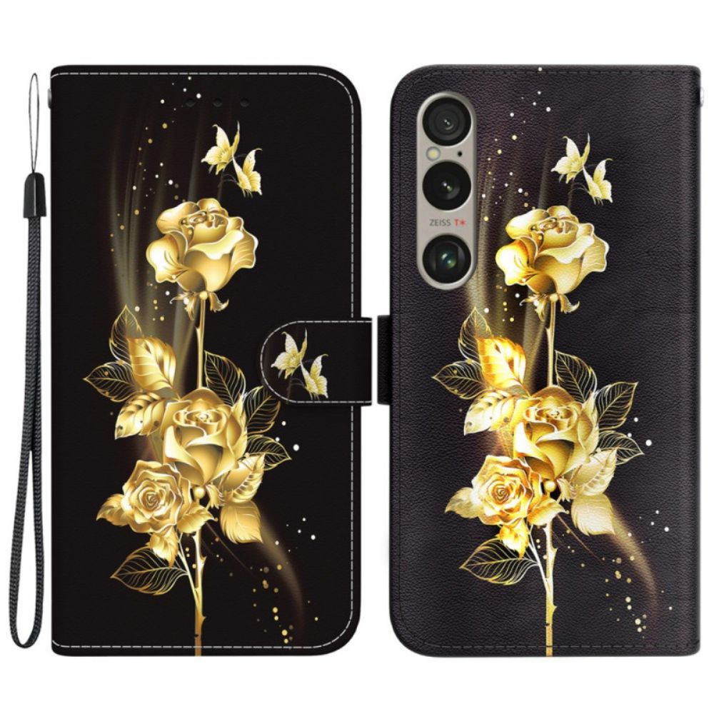 Lederhüllen Sony Xperia 1 Vi Handyhülle Goldene Schmetterlinge Und Rosen Mit Riemen