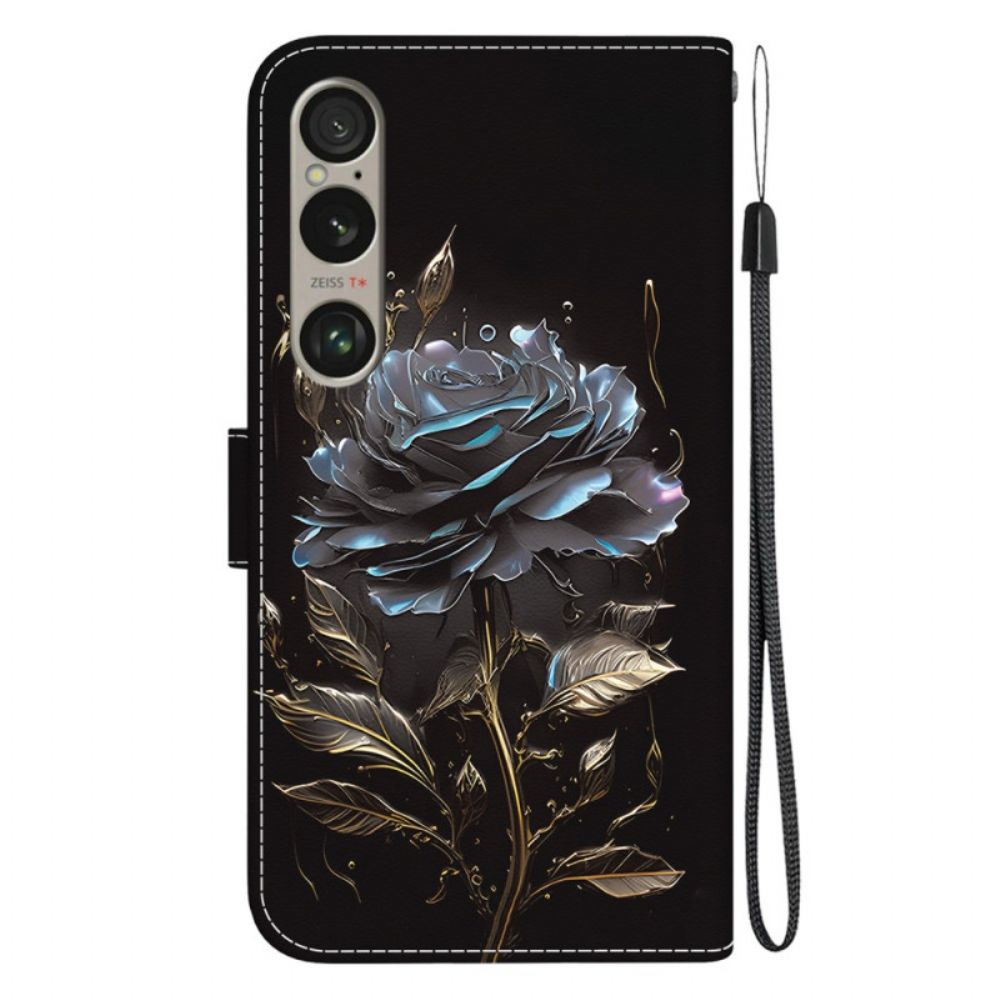 Lederhüllen Sony Xperia 1 Vi Handyhülle Schwarze Rose Mit Riemen