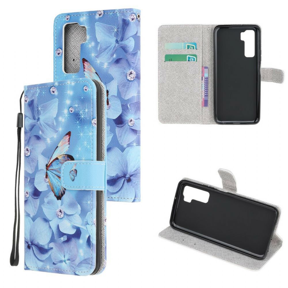 Flip Case Für Huawei P40 Lite 5G Mit Kordel Schmetterlinge Mit Diamantband