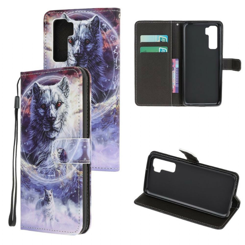 Flip Case Für Huawei P40 Lite 5G Wolf Im Winter Mit Lanyard