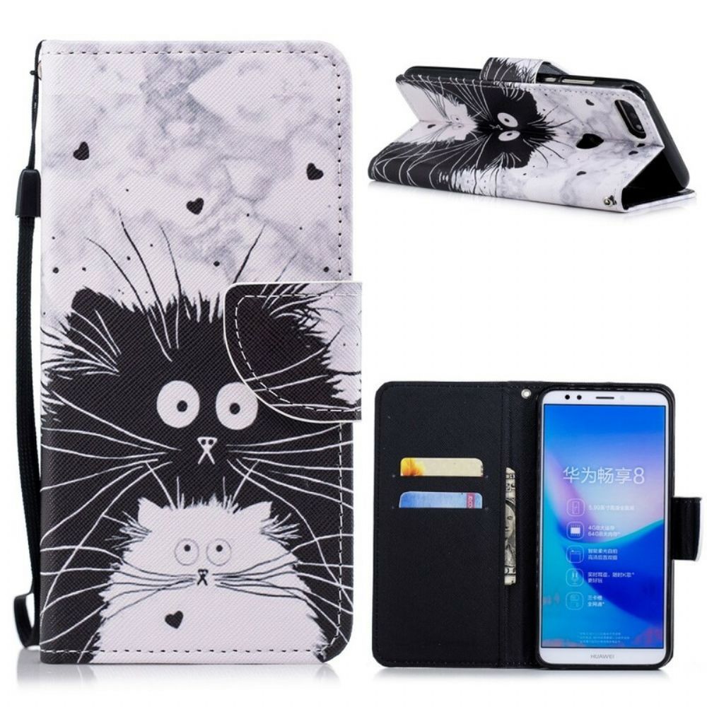 Flip Case Für Huawei Y7 2018 / Honor 7C Mit Kordel Überraschte Katzen Im Riemen