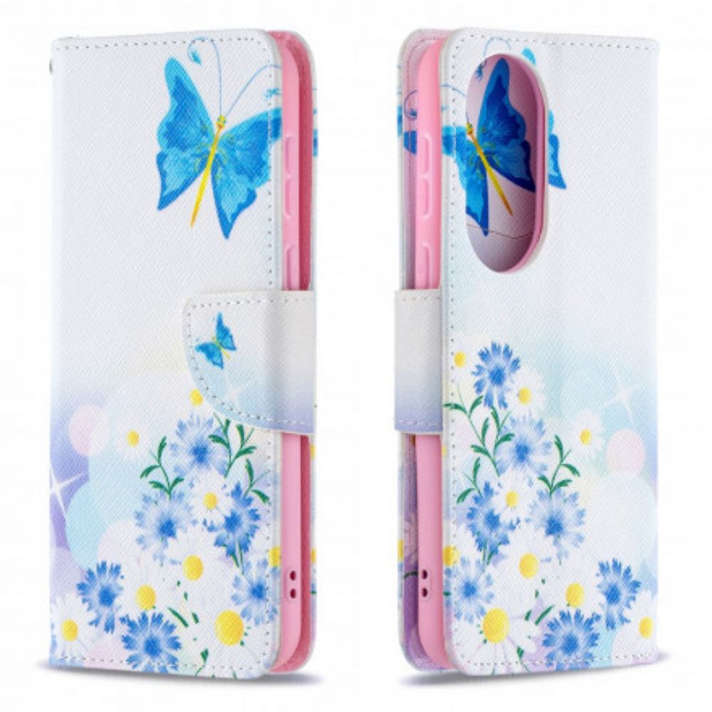 Flip Case Für Huawei P50 Gemalte Schmetterlinge Und Blumen