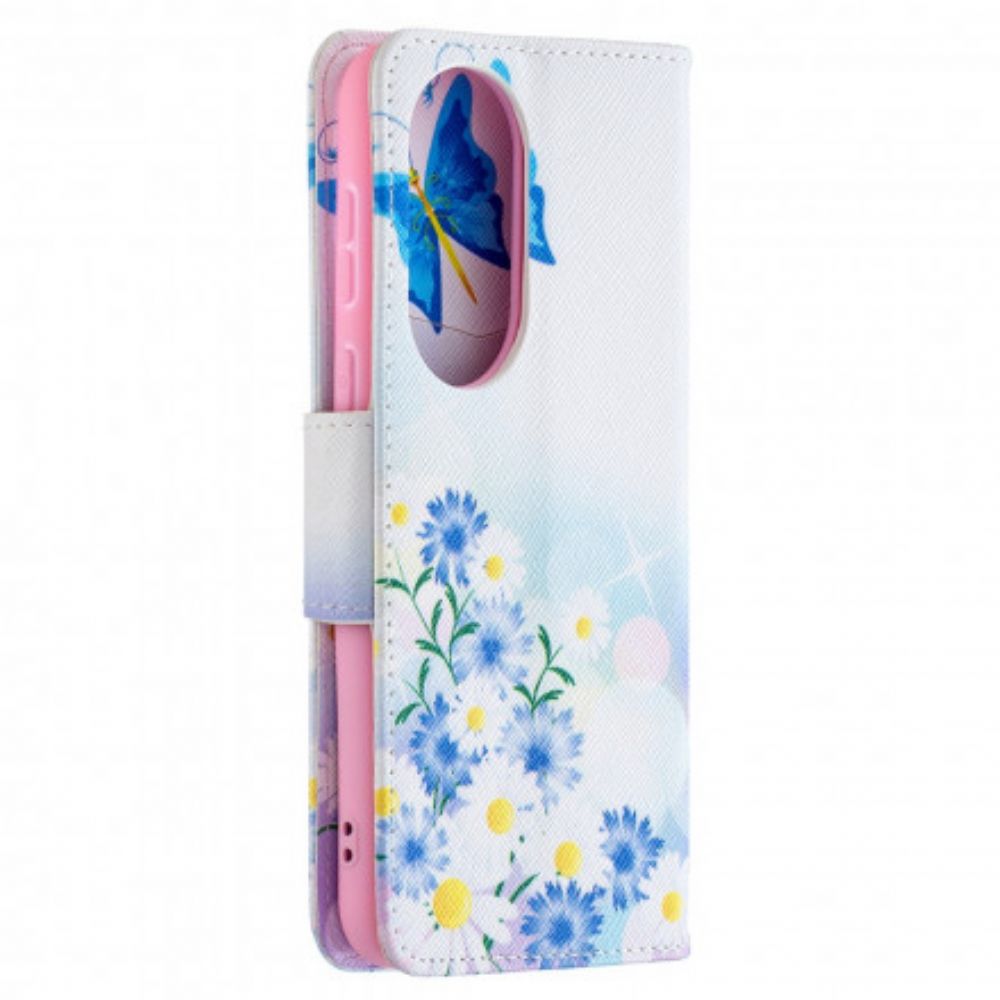 Flip Case Für Huawei P50 Gemalte Schmetterlinge Und Blumen